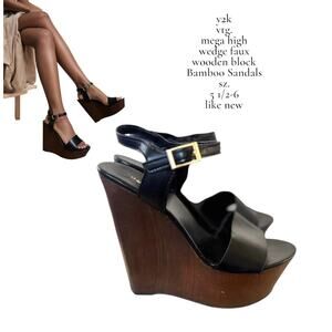 y2k vtg. mega high faux wood‎ chunky bamboo wedge sandals size 5.5-6 like new